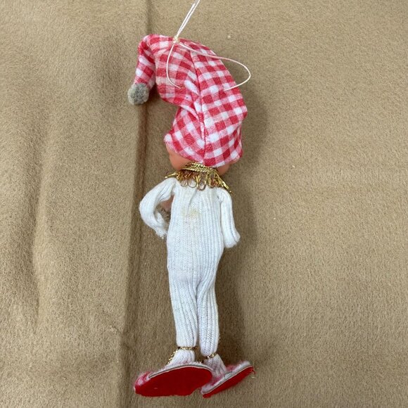 Vintage Christmas Elf Pixie Boy Ornament Red Gingham Stocking Cap Hat Pajamas - Picture 3 of 6